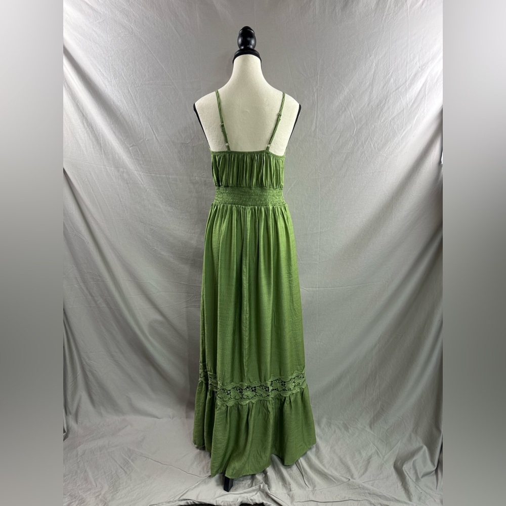 Boho Shirred Ruffle Lace Hem Maxi Dress Green - Picture 9 of 9